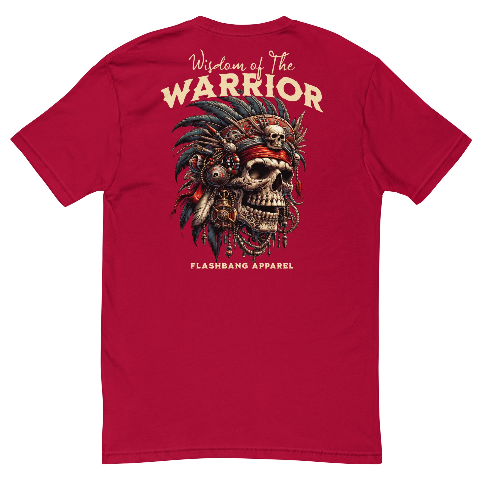 Wisdom Of The Warrior T-shirt featuring bold warrior skull artwork, unique tribal style, and detailed warrior t shirt designs - Back View - Red