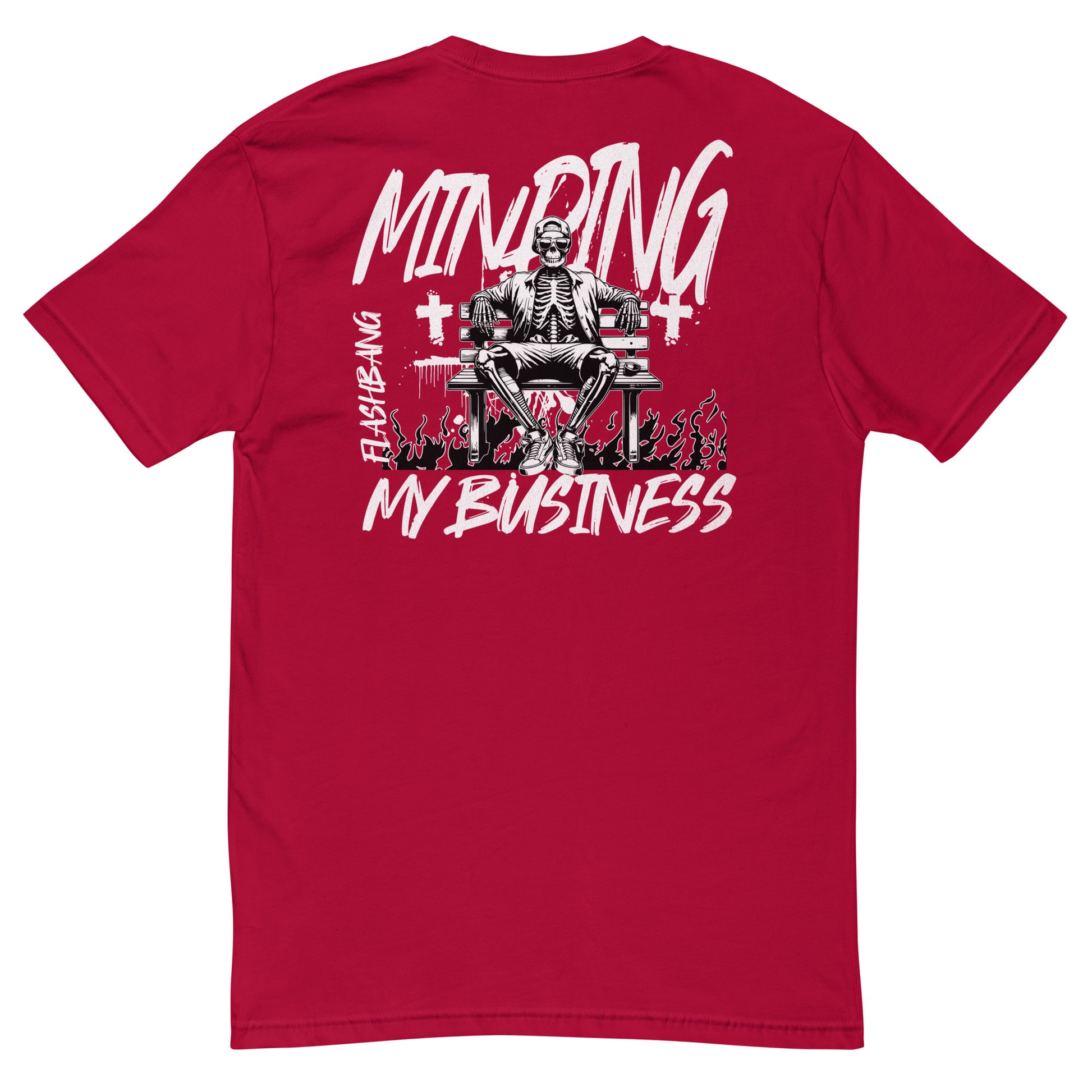 Red t-shirt with a graphic design on the back featuring text and a skeleton sitting on a chair.