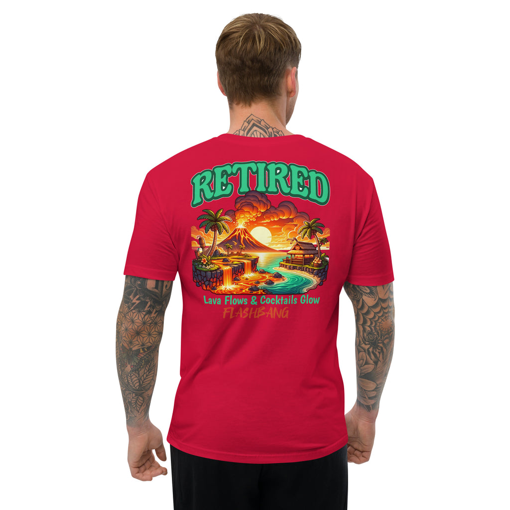 Man wearing a red t-shirt with a tropical graphic and 'Retired' text on the back.