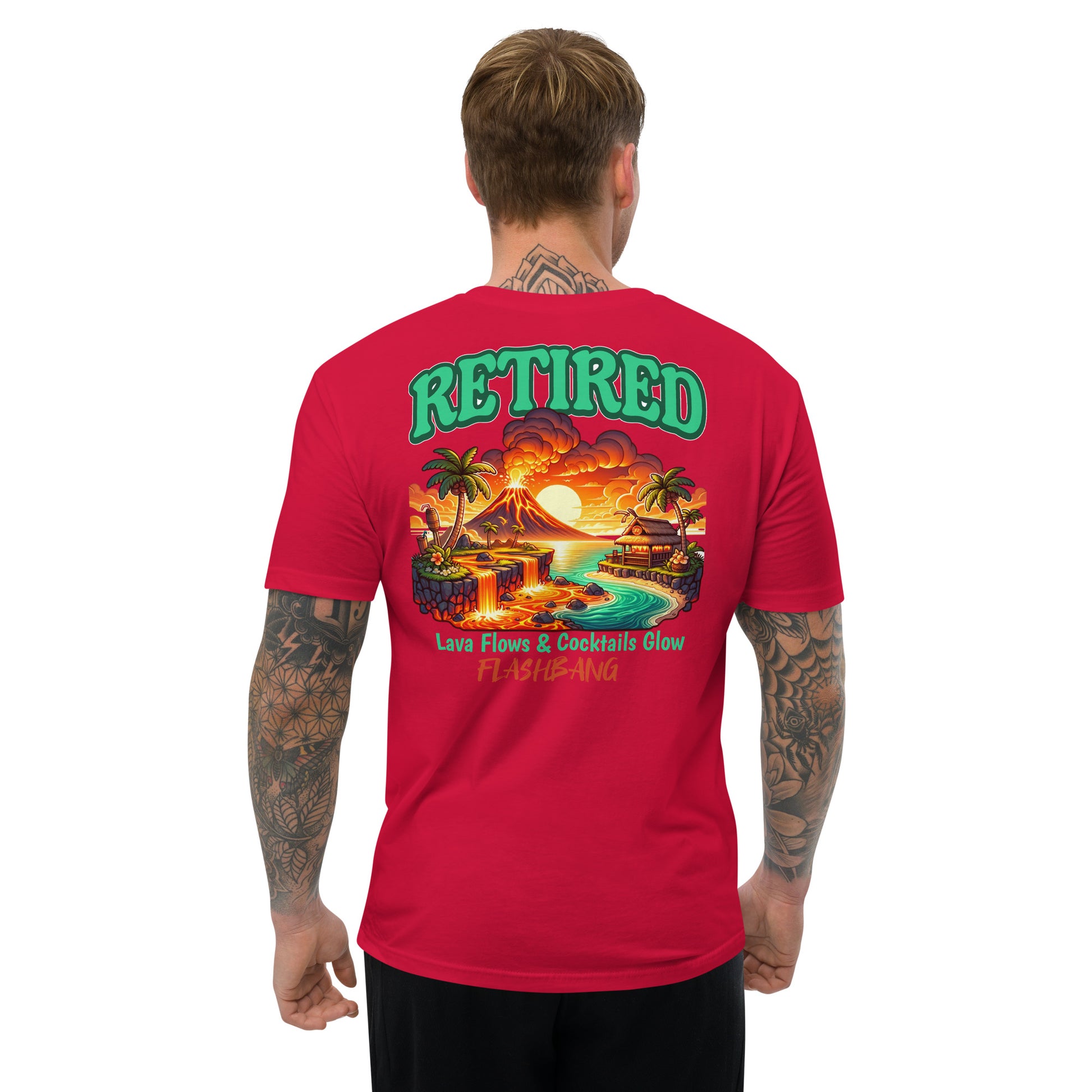 Man wearing a red t-shirt with a tropical graphic and 'Retired' text on the back.