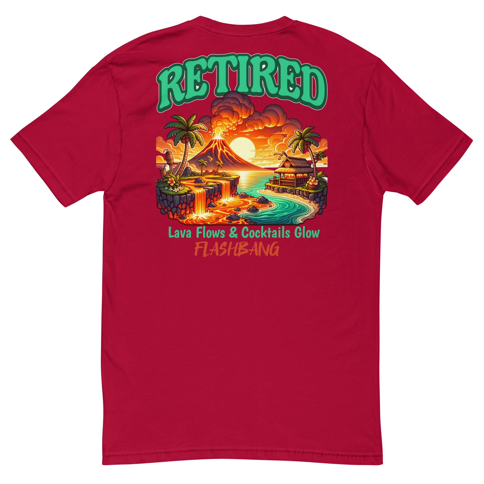 Red t-shirt with a tropical graphic and 'Retired' text on the back