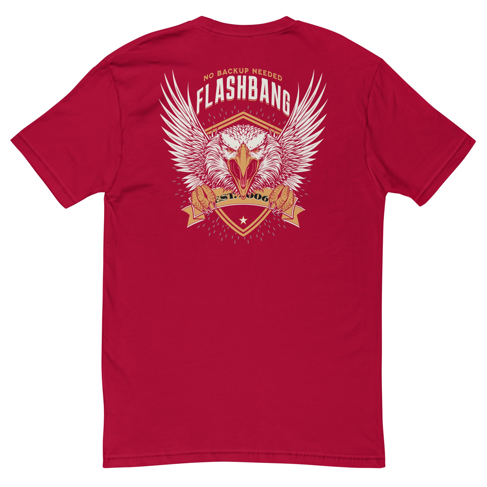 Red t-shirt with an eagle graphic and text on the back, on a white background