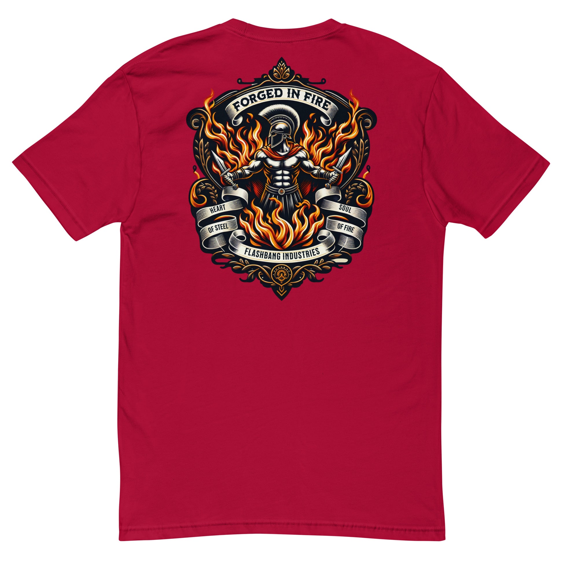 Forged in Fire Lite T-shirt featuring Spartan graphic, ideal for firefighters and those who embody strength and courage - Back View - Red