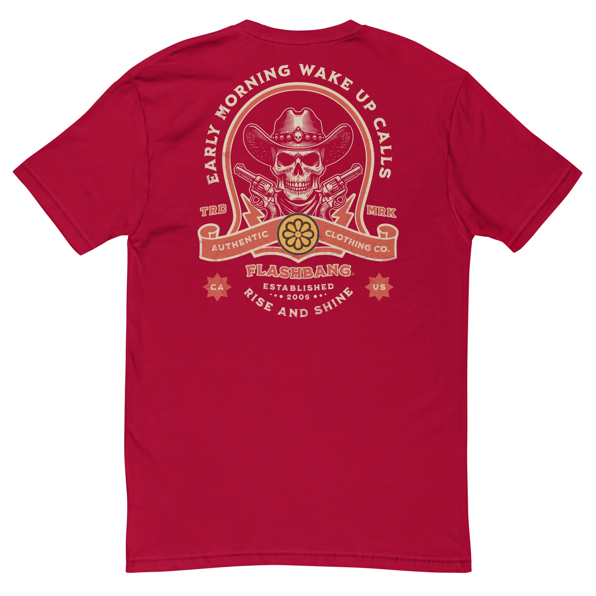 Wake Up Call T-shirt with bold cowboy-inspired western graphic design, rugged western style shirt for men - Back View - Red