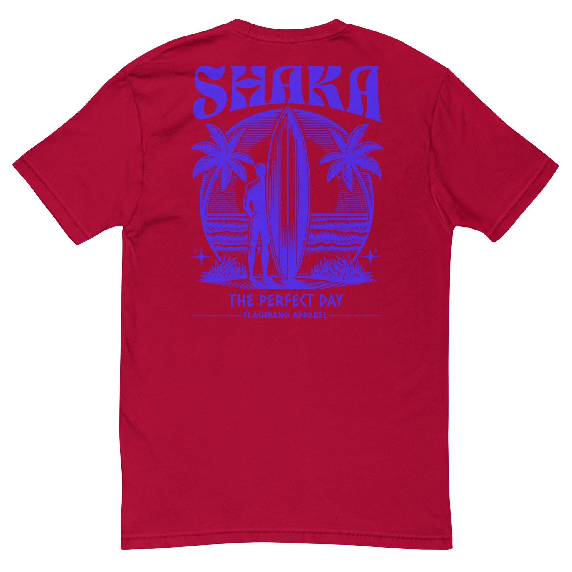 Red t-shirt with blue graphic and text on a white background