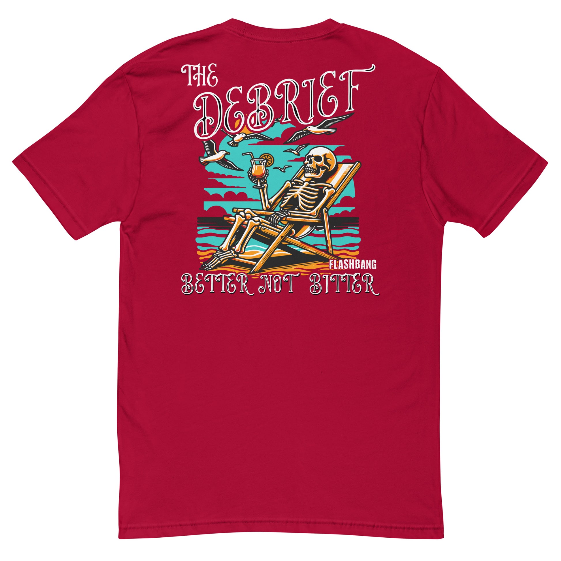 Red t-shirt with a skeleton lounging on a beach chair graphic and text on the back.