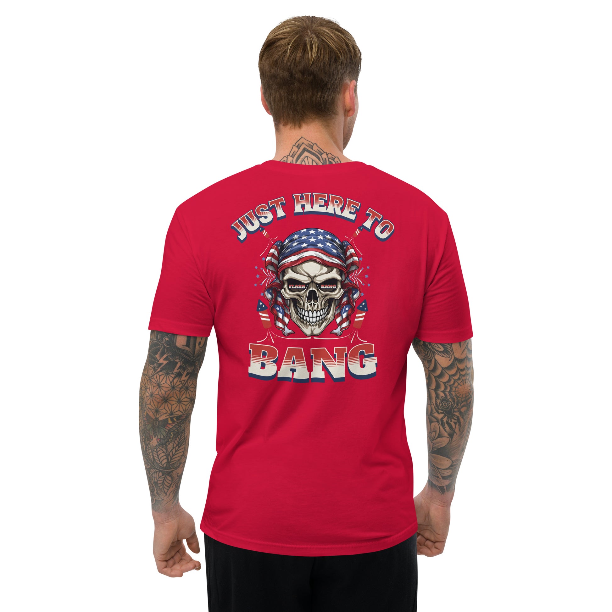 Red t-shirt with skull design and text on the back, worn by a person.