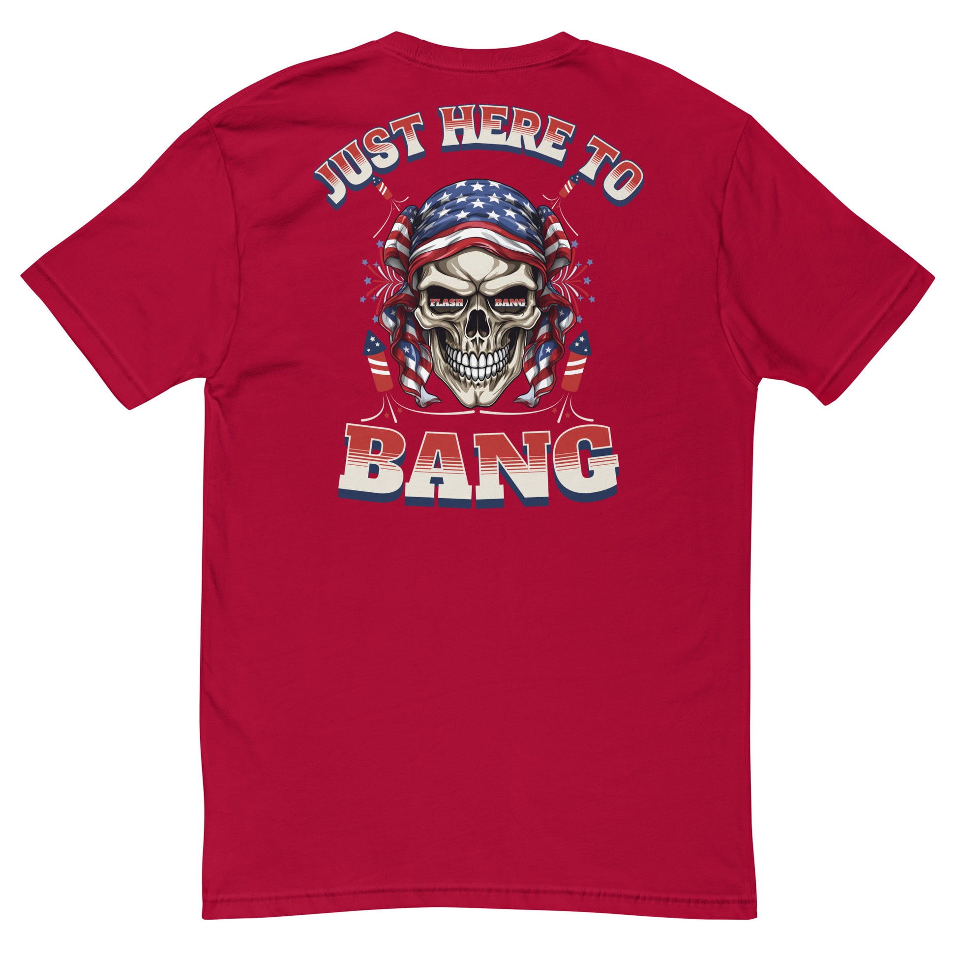 Red t-shirt with a skull graphic and text 'Just Here To Bang' on a white background