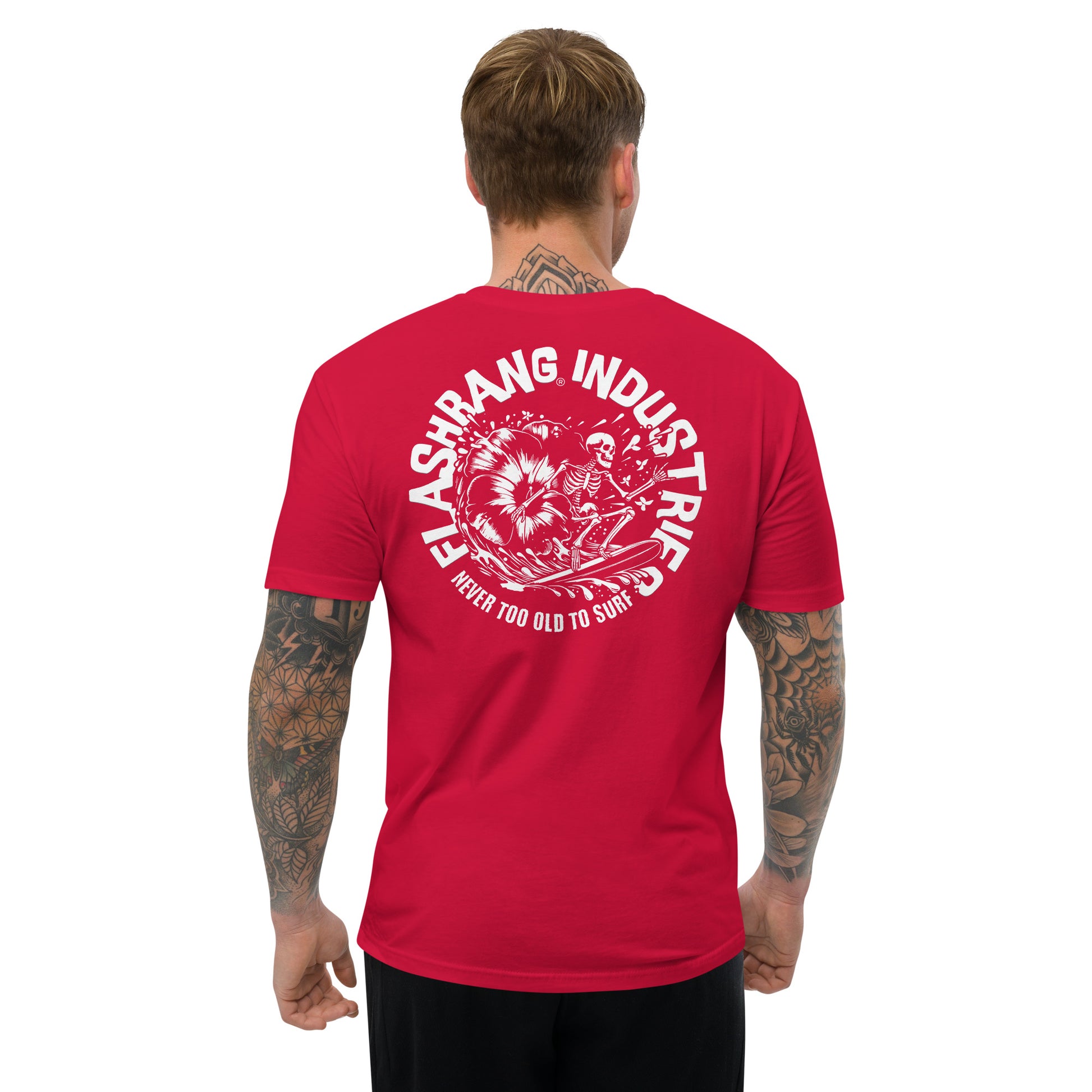 Man wearing a red t-shirt with white graphic design and text on the back, on a white background