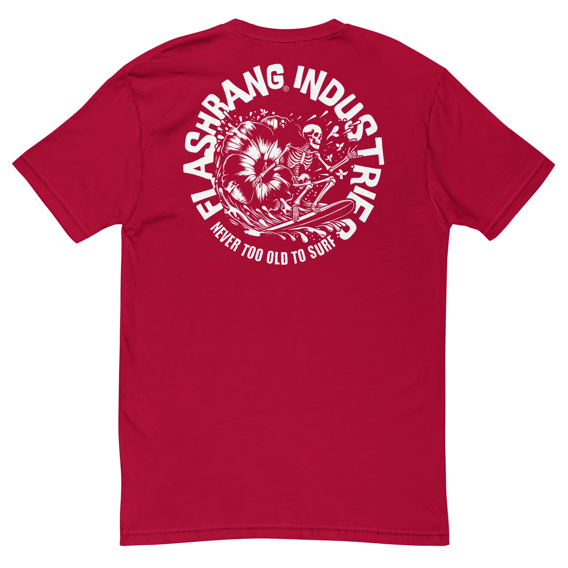 Red t-shirt with white graphic and text on a white background