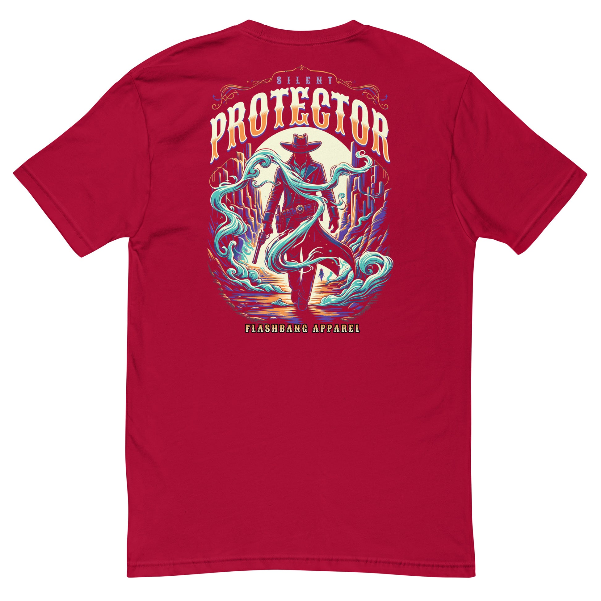 Red t-shirt with a colorful graphic design on the back, featuring the text 'Silent Protector' and 'Flashbang Apparel'.