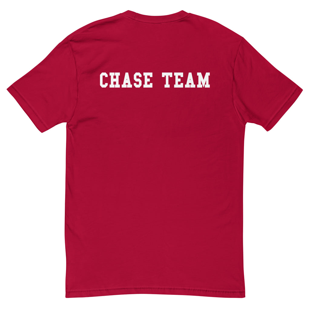 Red t-shirt with 'CHASE TEAM' text on the back against a white background