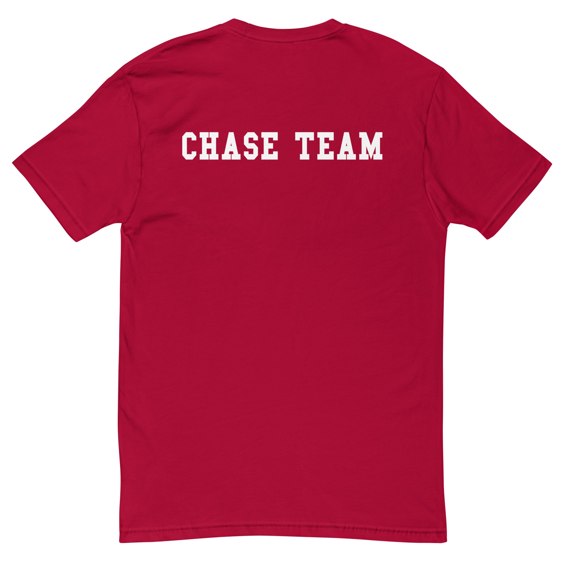 Red t-shirt with 'CHASE TEAM' text on the back against a white background