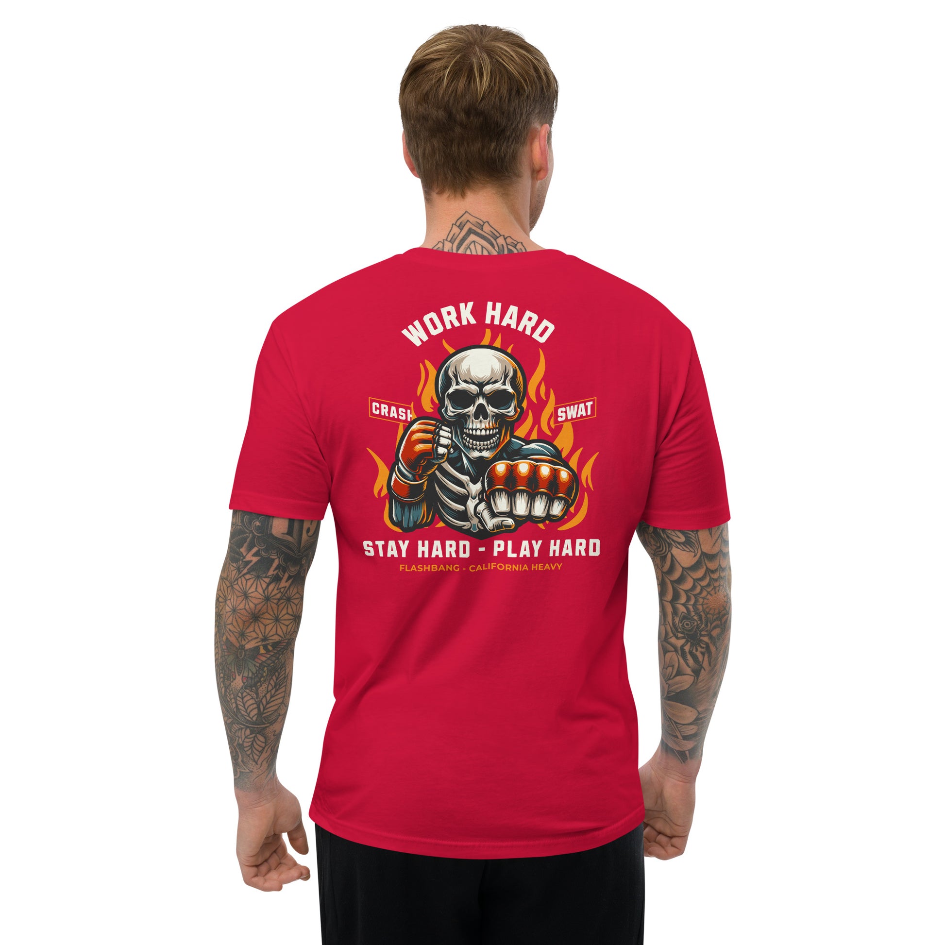 Red t-shirt with a skeleton design and text on the back, worn by a person.