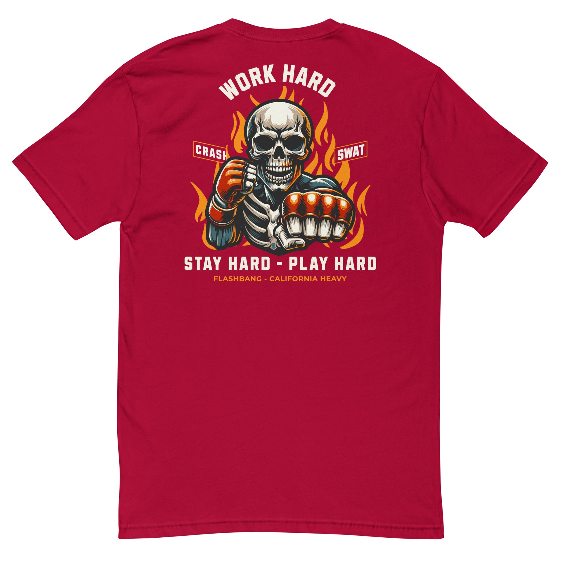 Red t-shirt with a skeleton graphic and text on the back, on a white background