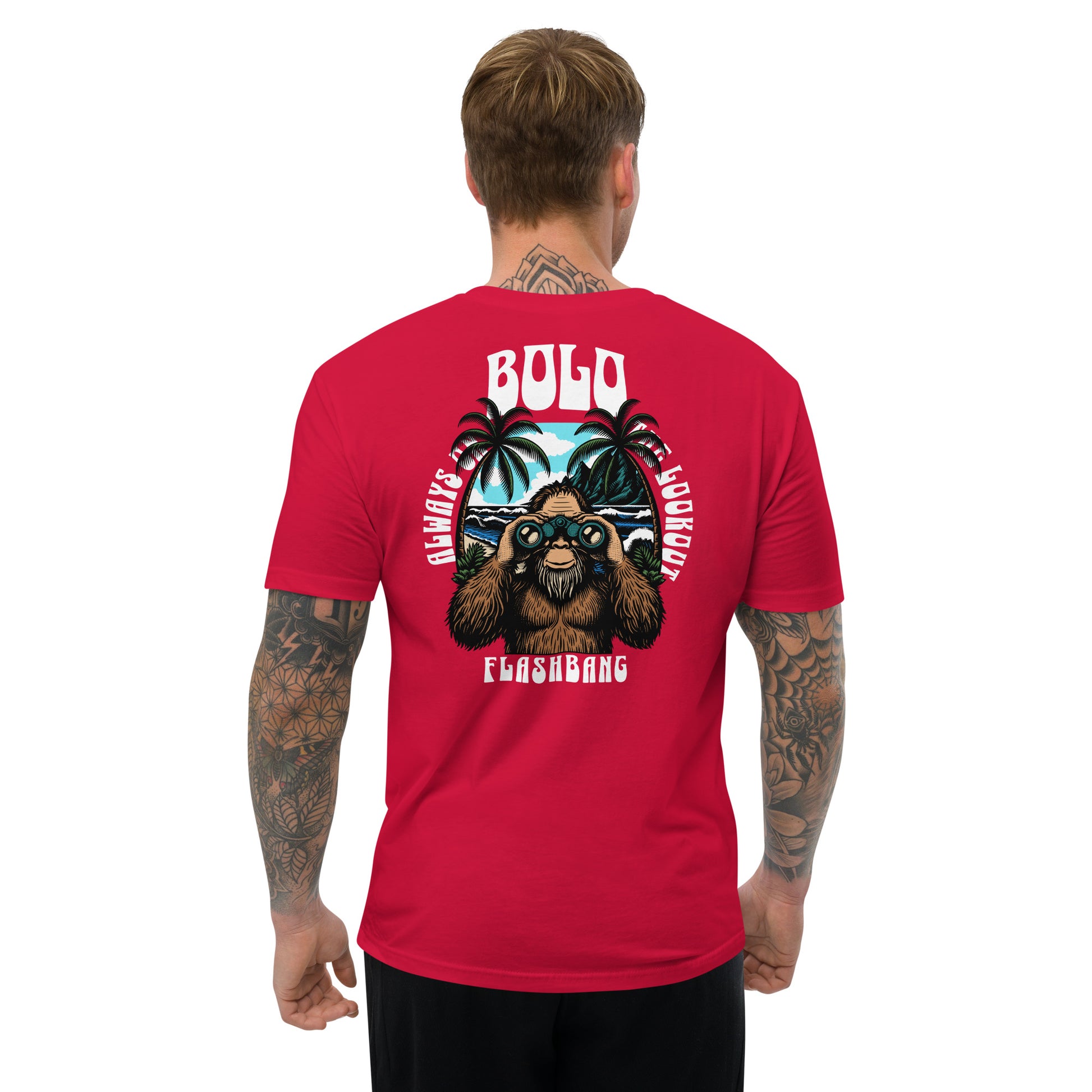 Red t-shirt with a graphic design on the back, worn by a person.