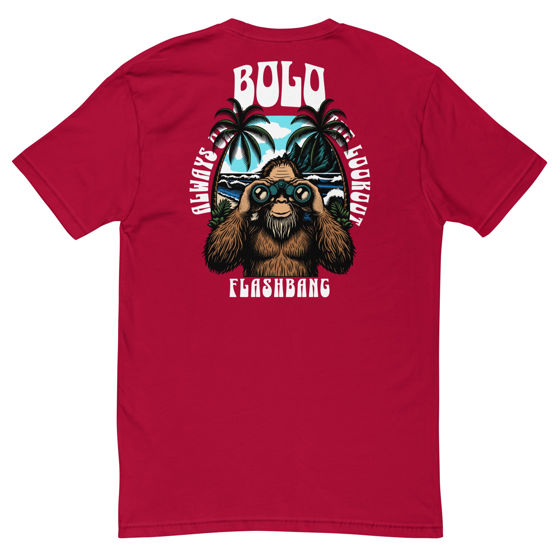 Red t-shirt with a graphic of a bear holding binoculars and text on the back, on a white background.