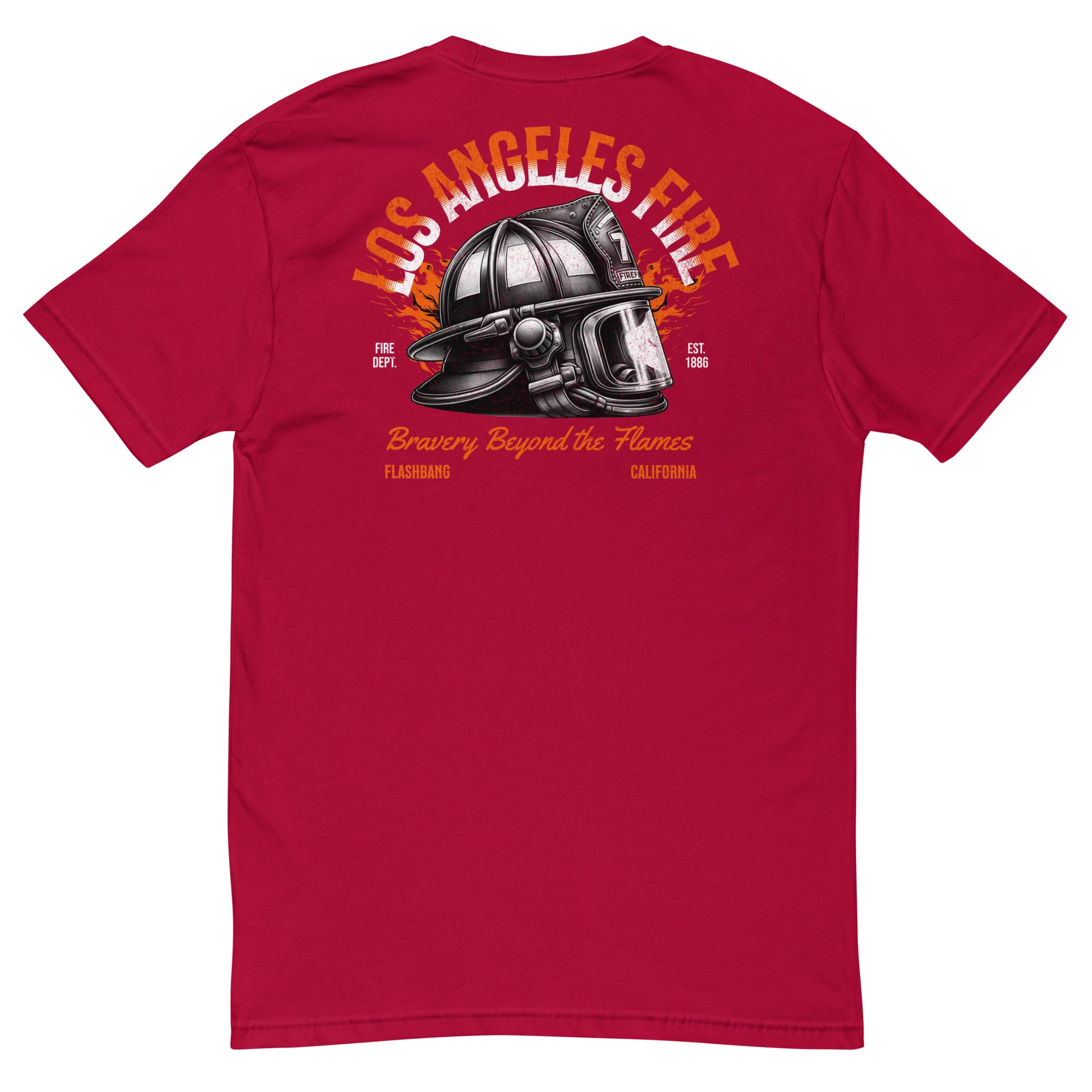 Red t-shirt with a fire helmet graphic and text on the back, on a white background