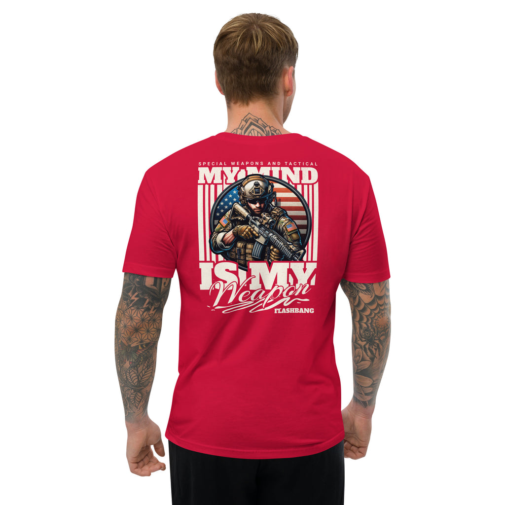 Red t-shirt with graphic design and text on the back, worn by a person.