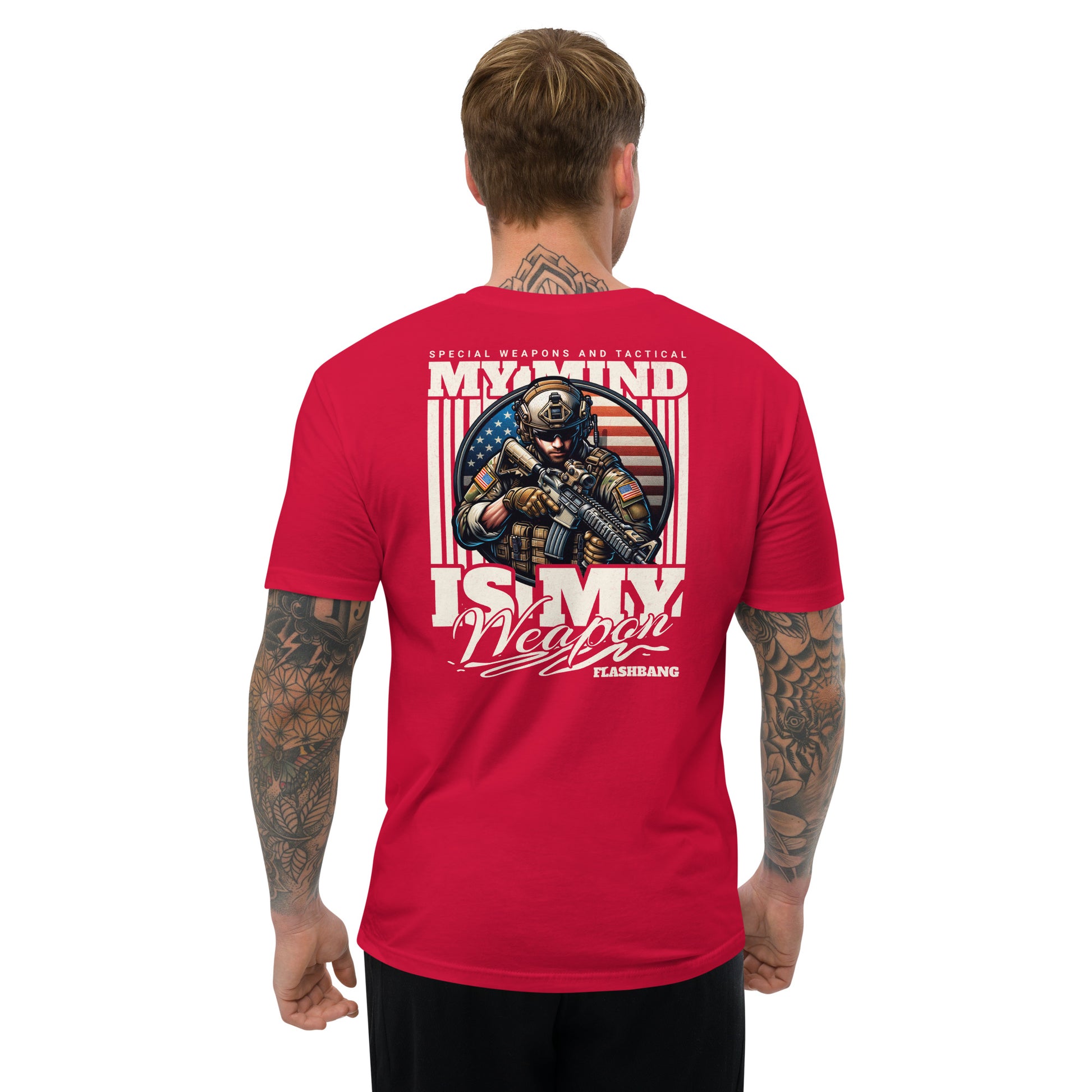 Red t-shirt with graphic design and text on the back, worn by a person.