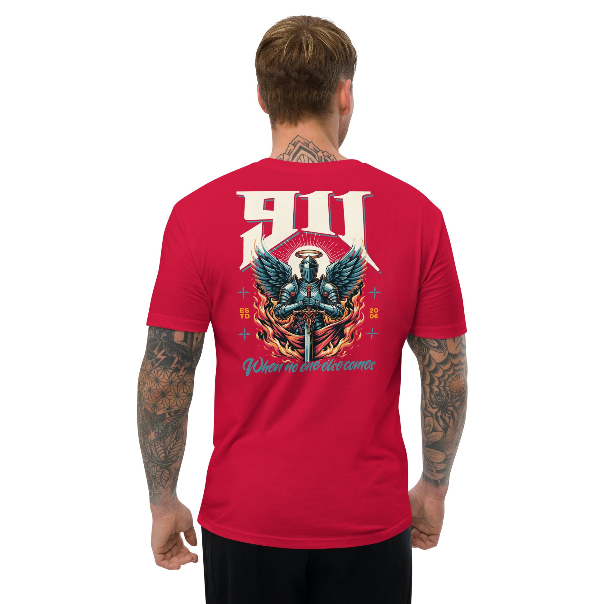 Man wearing a red t-shirt with a graphic design on the back, standing against a white background