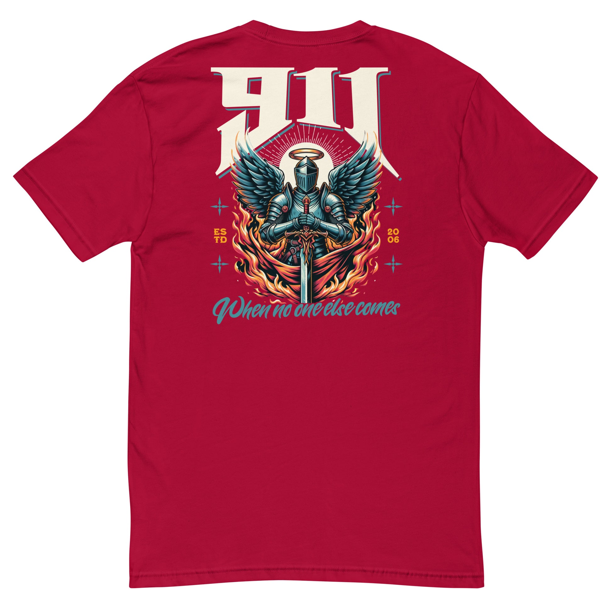 Red t-shirt with a graphic design on the back featuring an angelic figure and text.