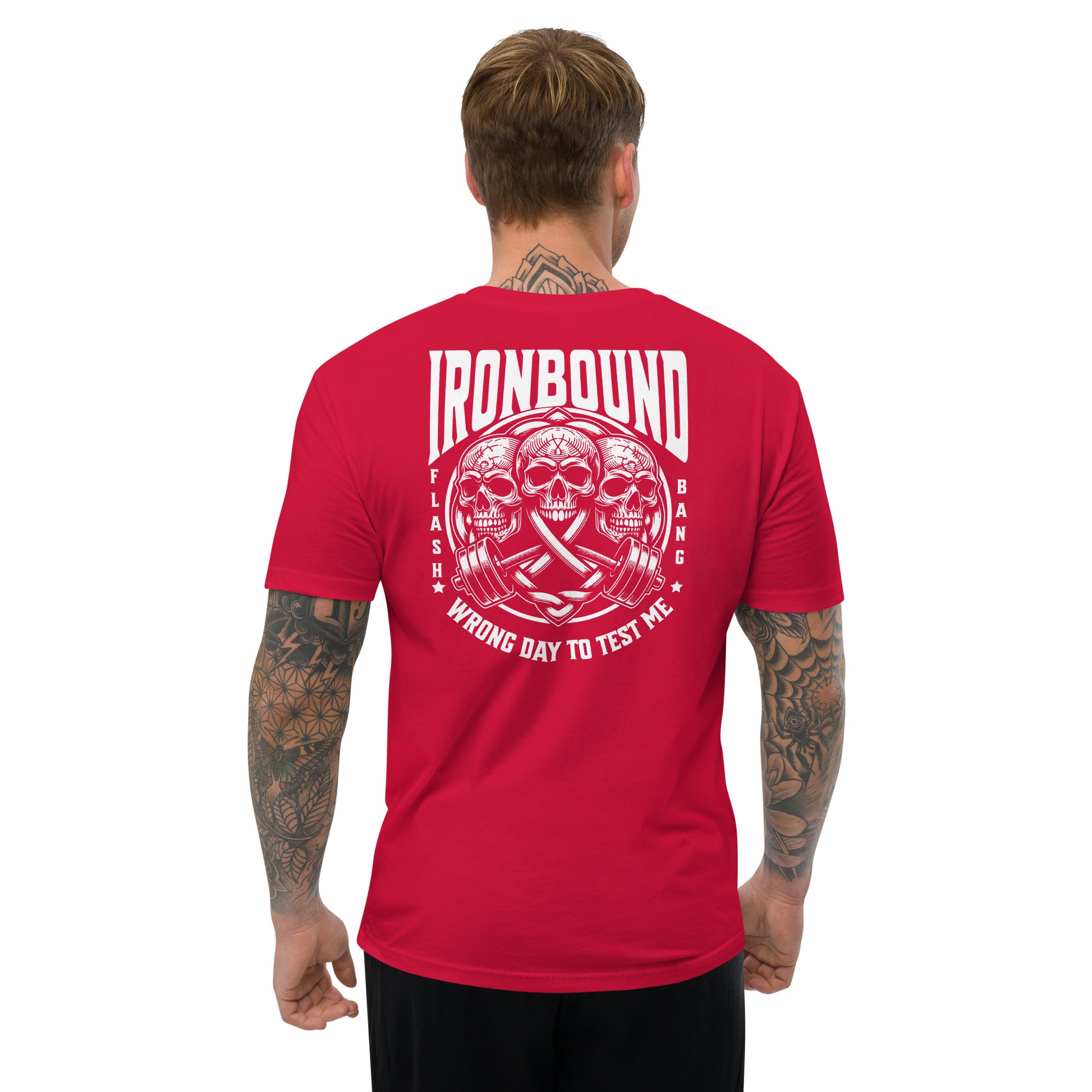 Man wearing a red t-shirt with 'IRONBOUND' design on the back, on a white background