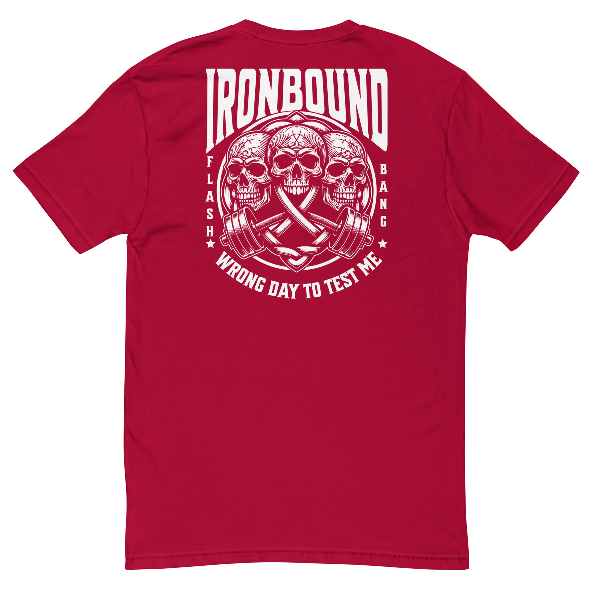 Red t-shirt with white graphic design and text on a white background