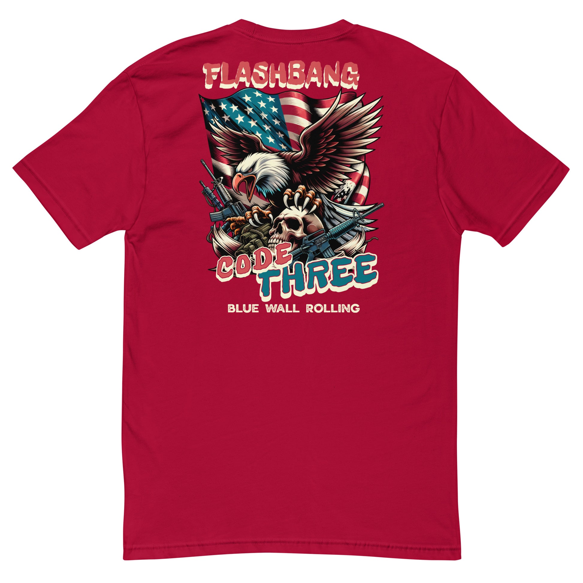 Red t-shirt with graphic design featuring an eagle, American flag, and text on a white background