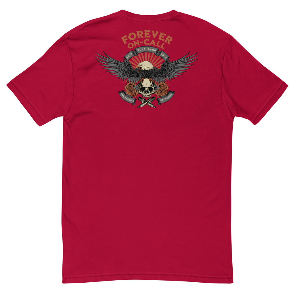 Red t-shirt with an eagle graphic and 'Forever On Call' text on the back, on a white background.