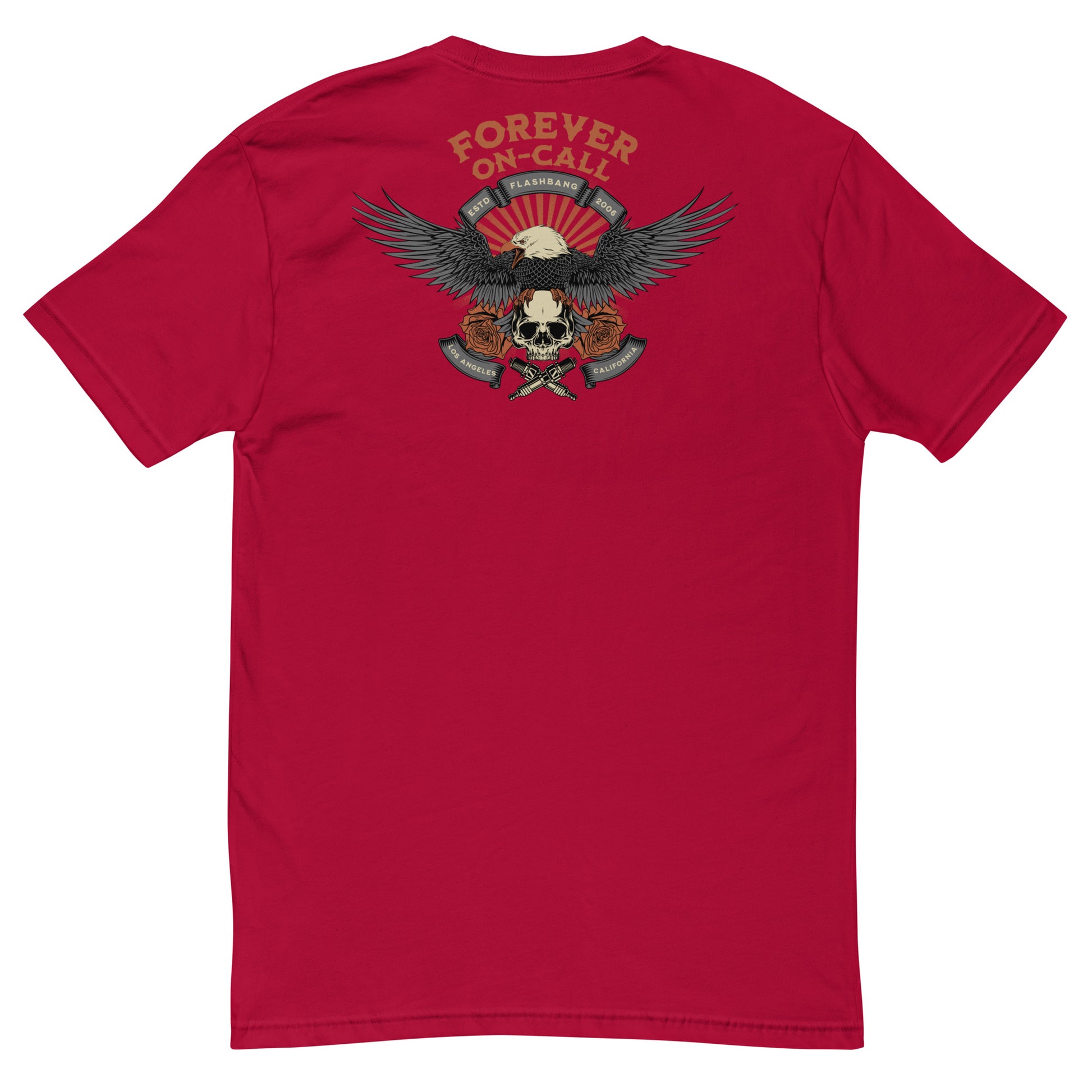 Red t-shirt with an eagle graphic and 'Forever On Call' text on the back, on a white background.
