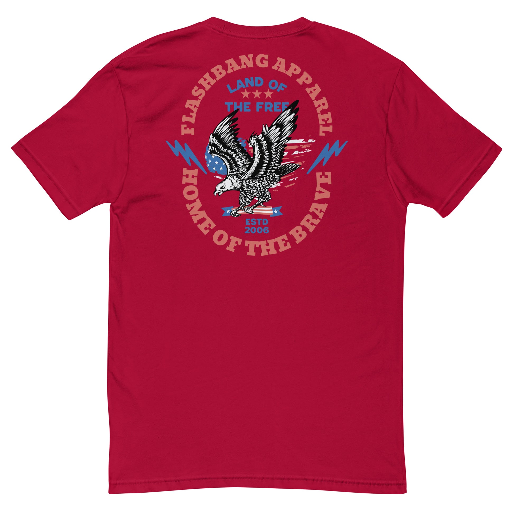 Red t-shirt with an eagle graphic and text on the back, brand 'Flashbang Apparel' visible.