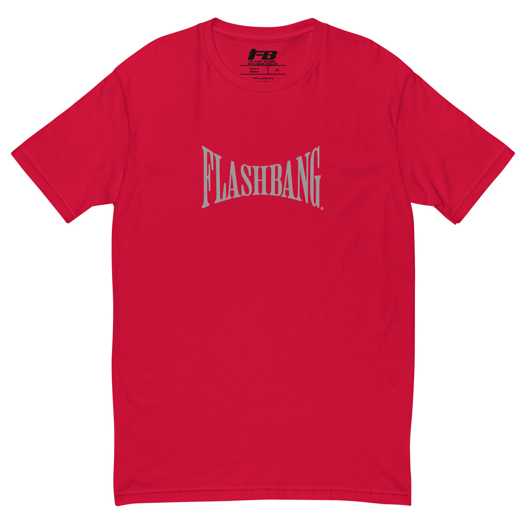 Warrior T-shirt - Train Hard Stay Ready. Veteran support, rugged durability, and powerful quotes for men who train hard - Front View - Red with Flashbang Text