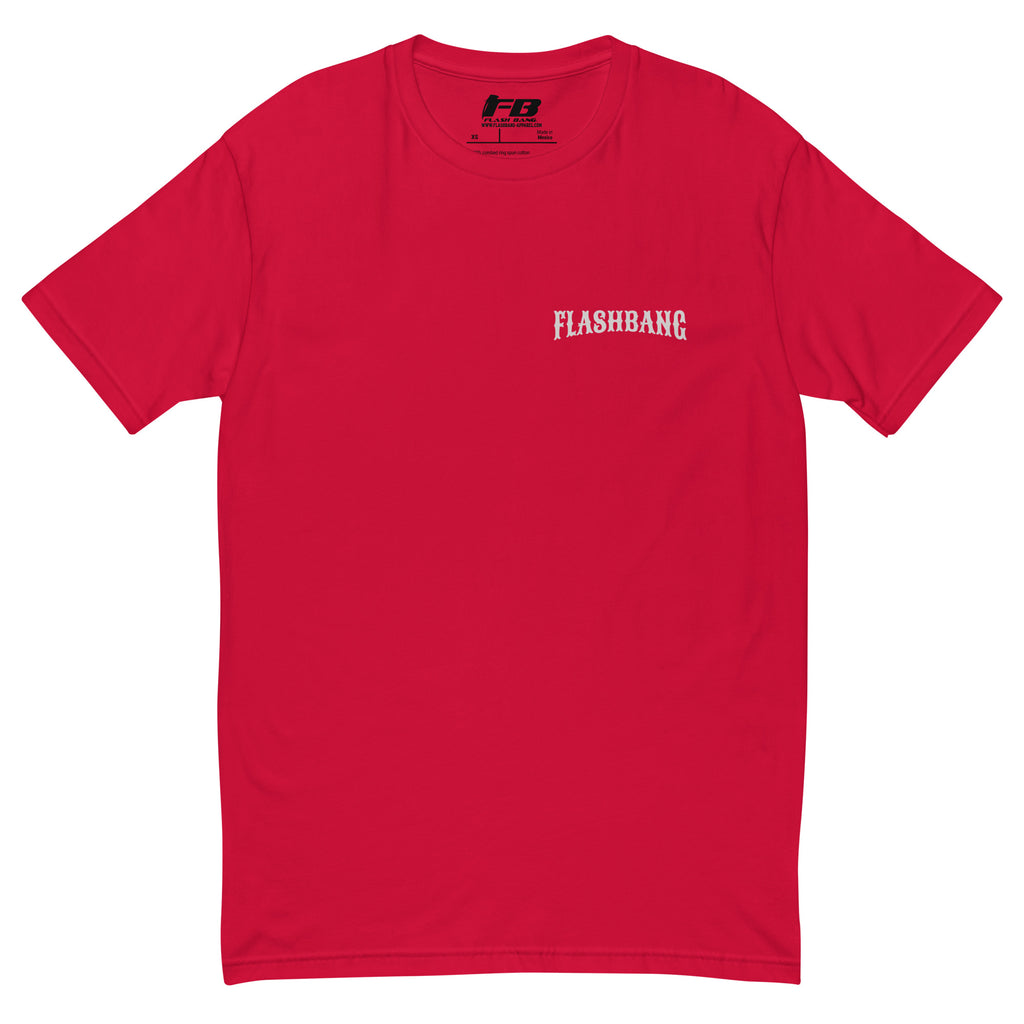 No Days Off T-shirt for veterans, featuring a rugged design. Ideal for those who wear tactical apparel with pride and strength - Front View - Red with Flashbang Text
