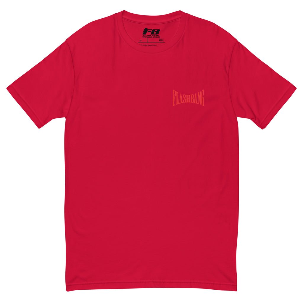 Into The Heat T-shirt with firefighter skull graphic, perfect for brave men who love firefighter apparel - Front View - Red with Flashbang Text