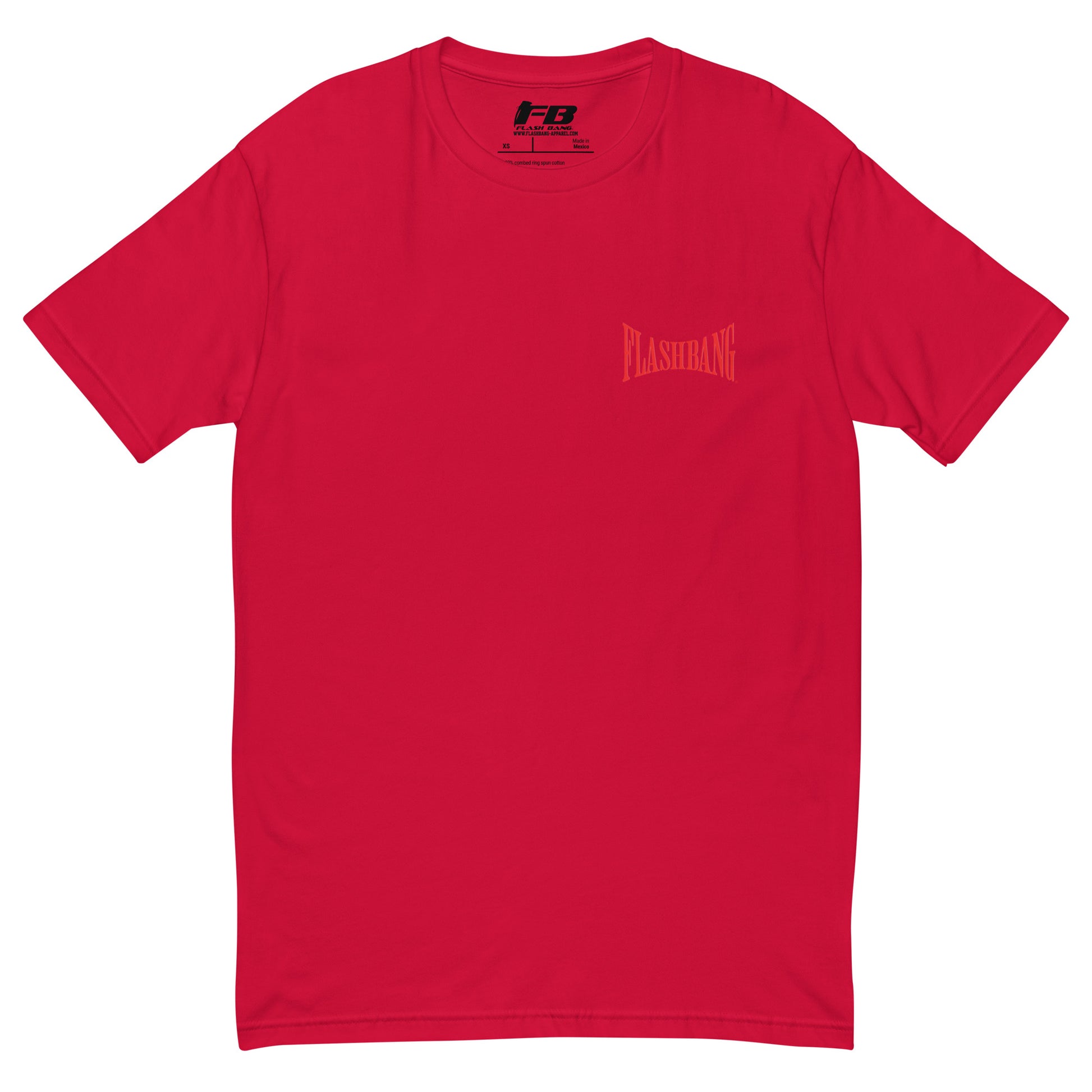 Into The Heat T-shirt with firefighter skull graphic, perfect for brave men who love firefighter apparel - Front View - Red with Flashbang Text