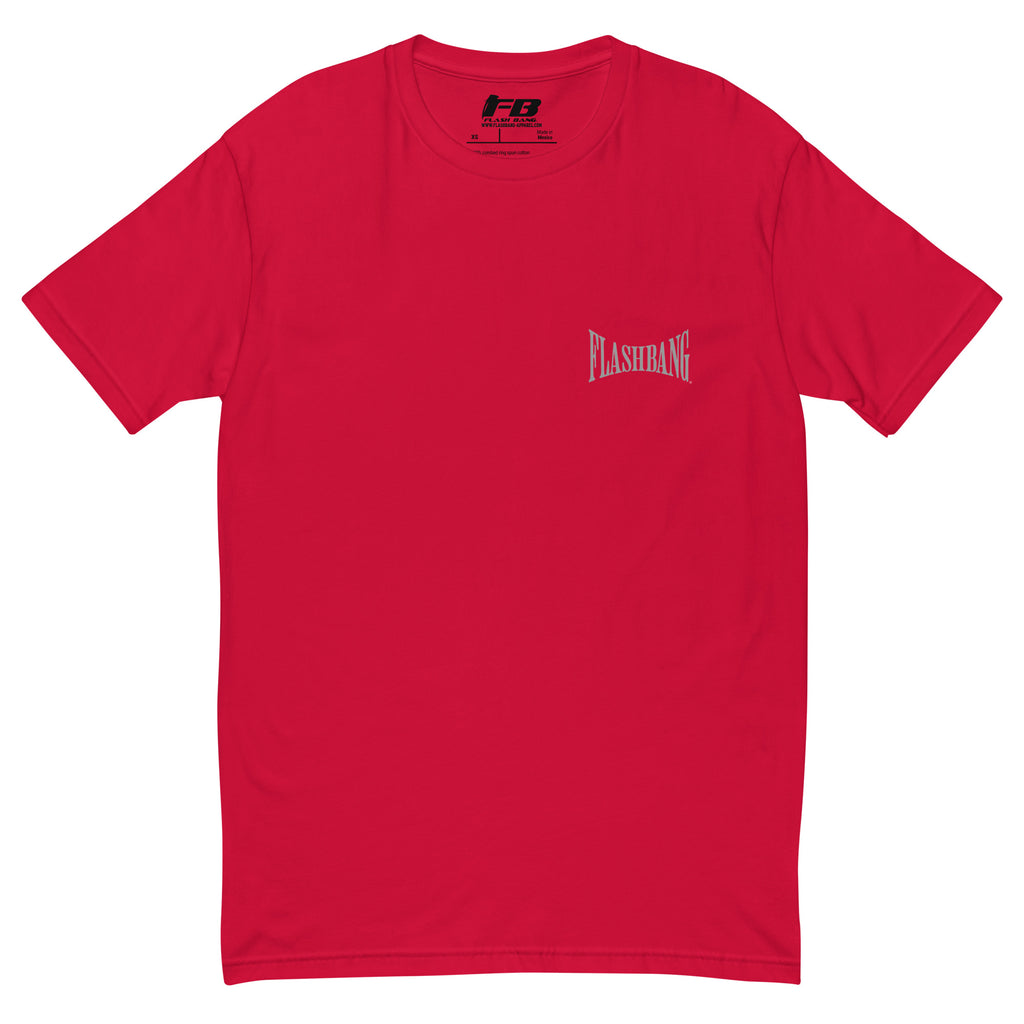 Bad Guys T-shirt with Spartan graphic, designed for powerlifters and gym enthusiasts. Features a workout motivation quote and bold style - Front View - Red with Flashbang Text