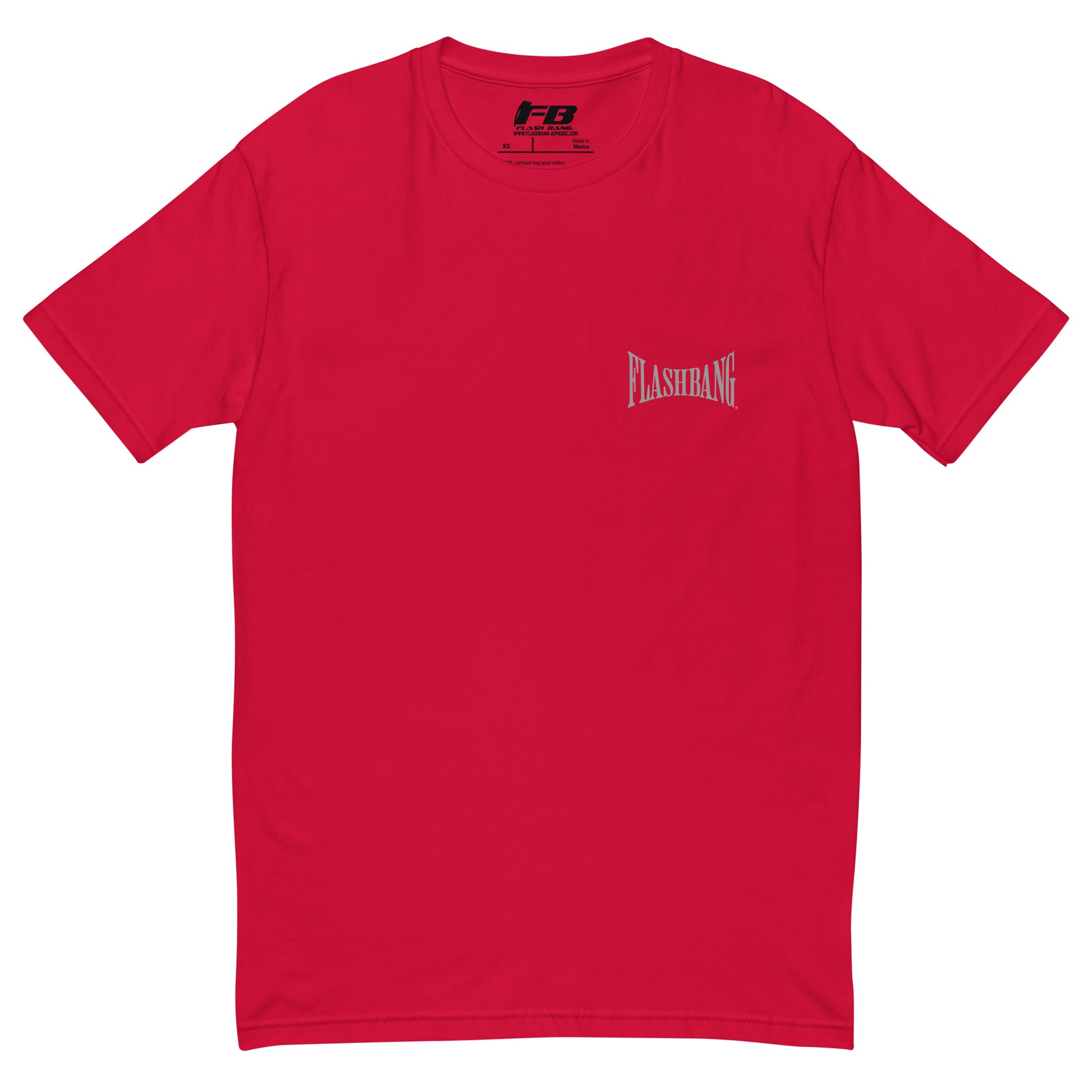 Bad Guys T-shirt with Spartan graphic, designed for powerlifters and gym enthusiasts. Features a workout motivation quote and bold style - Front View - Red with Flashbang Text