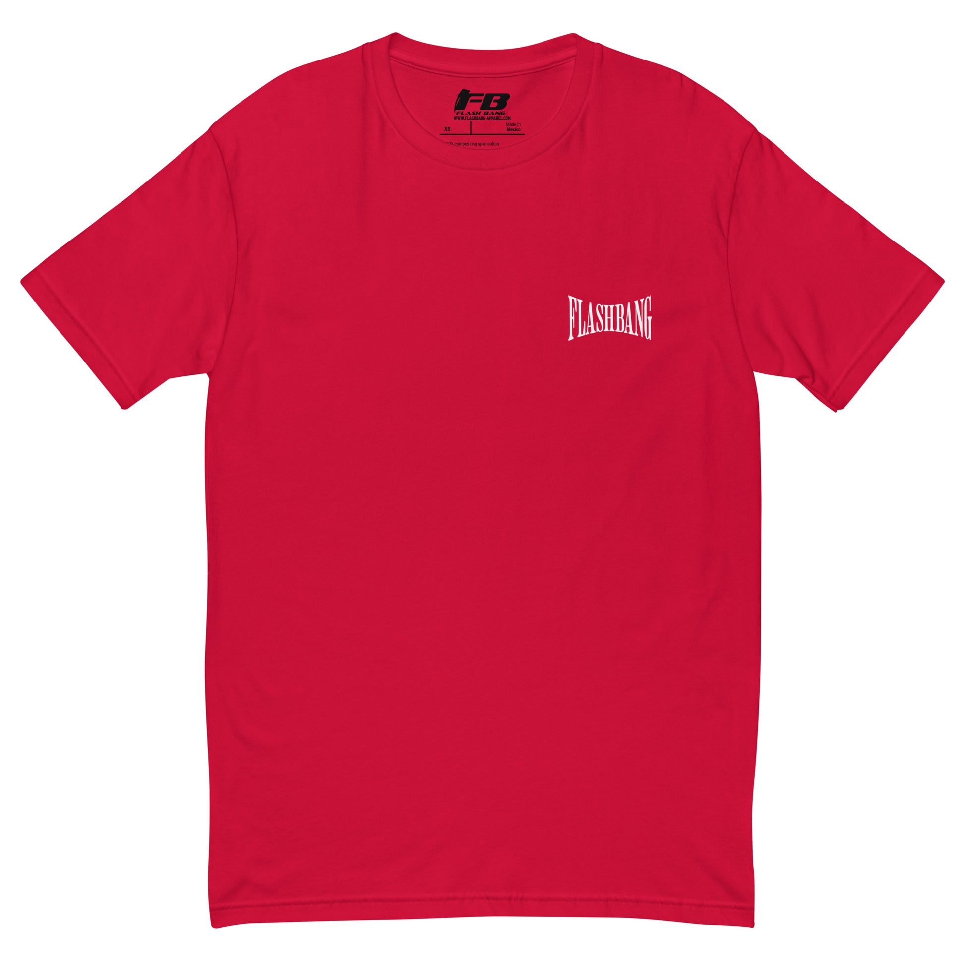 Authentic White T-shirt with bold letter print, designed for comfort and durability, perfect for those who love authentic graphic shirts - Front View - Red with Flashbang Text