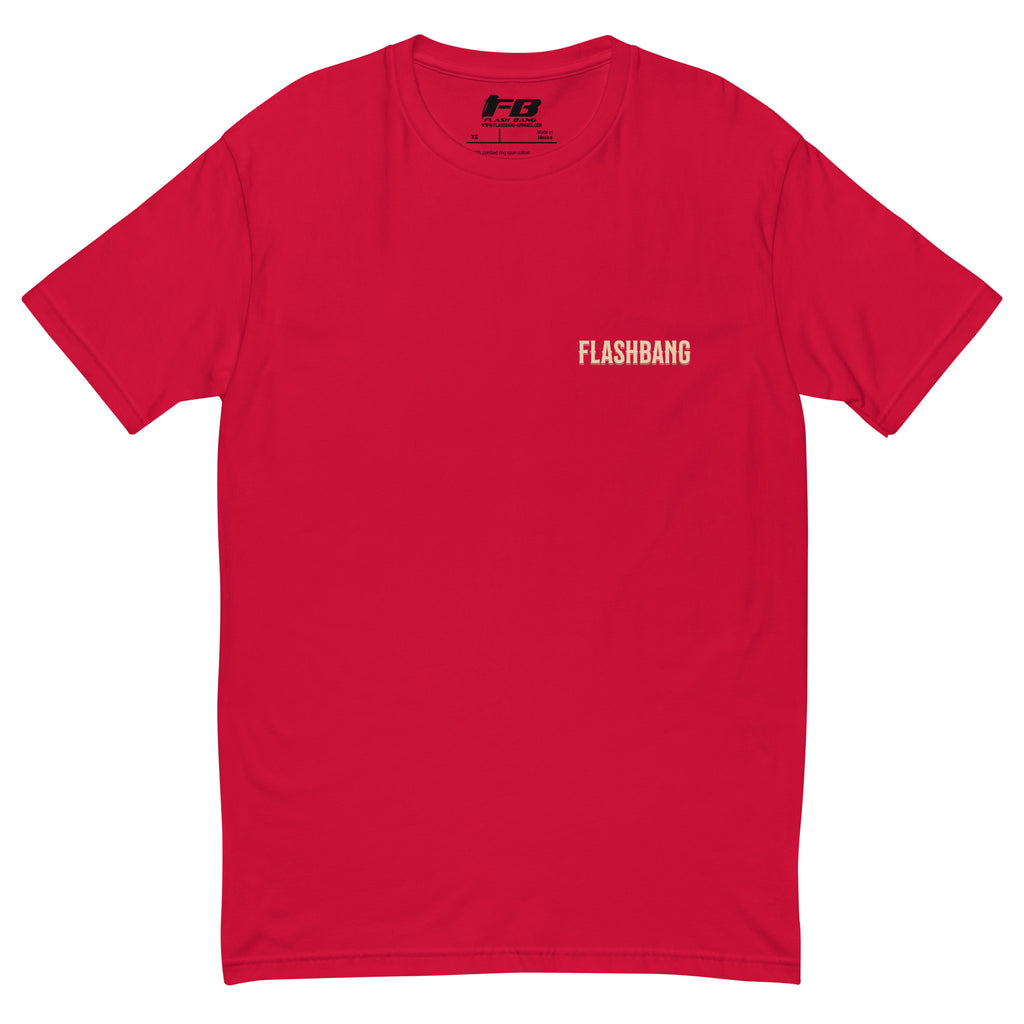 American Style T-shirt featuring USA flag and Strength Honor Freedom message, designed for veterans and patriots - Front View - Red with Flashbang Text