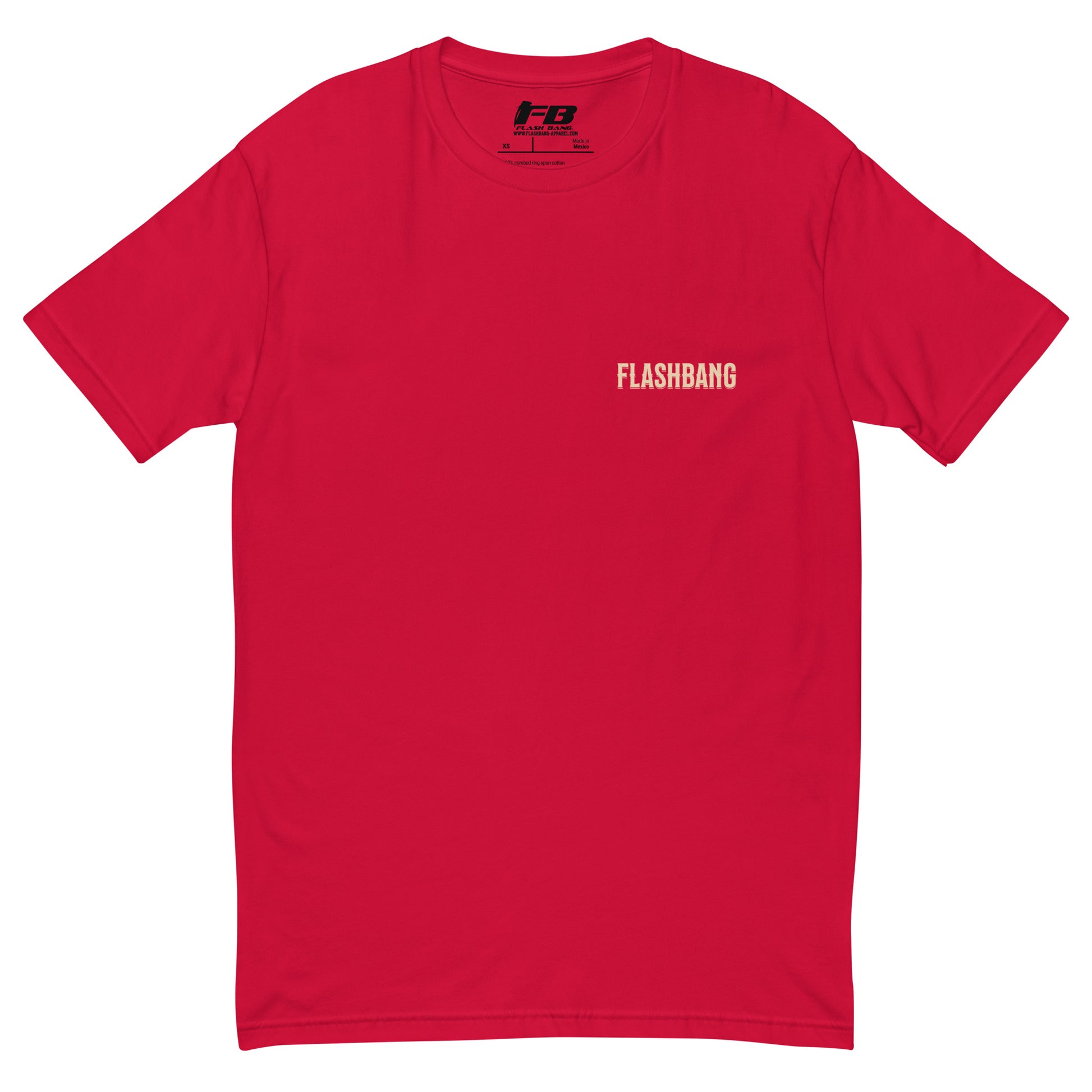 American Style T-shirt featuring USA flag and Strength Honor Freedom message, designed for veterans and patriots - Front View - Red with Flashbang Text