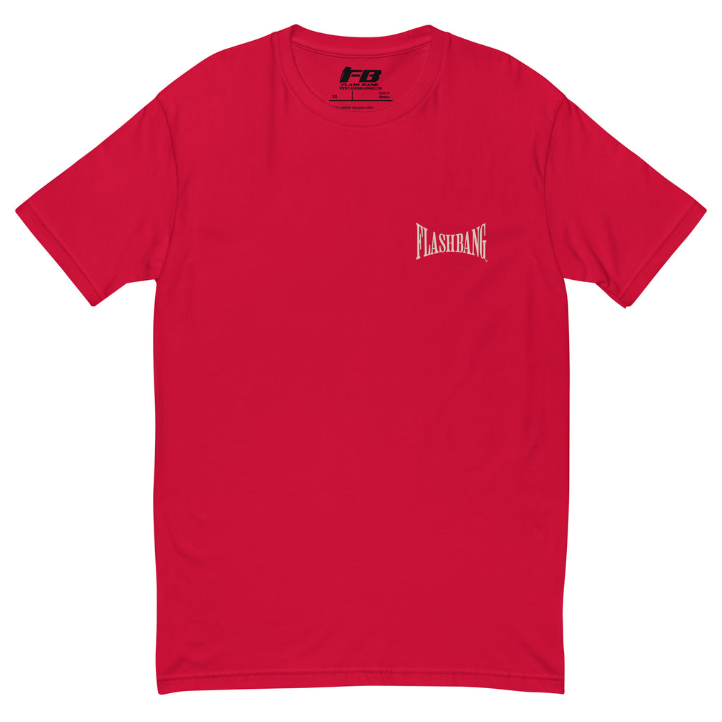 Shot Caller T-shirt featuring a skull design, honoring police and military veterans with durability and comfort.- Front View - Red with Flashbang Text