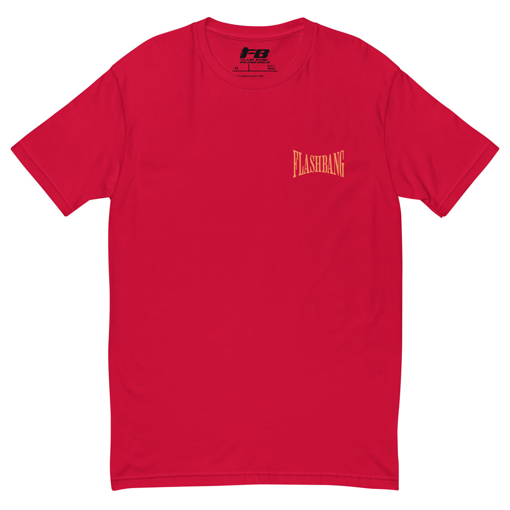 Hollywood Never Gets It Right T-shirt featuring a bold LA graphic and Hollywood vintage tees - Front View - Red with Flashbang Text