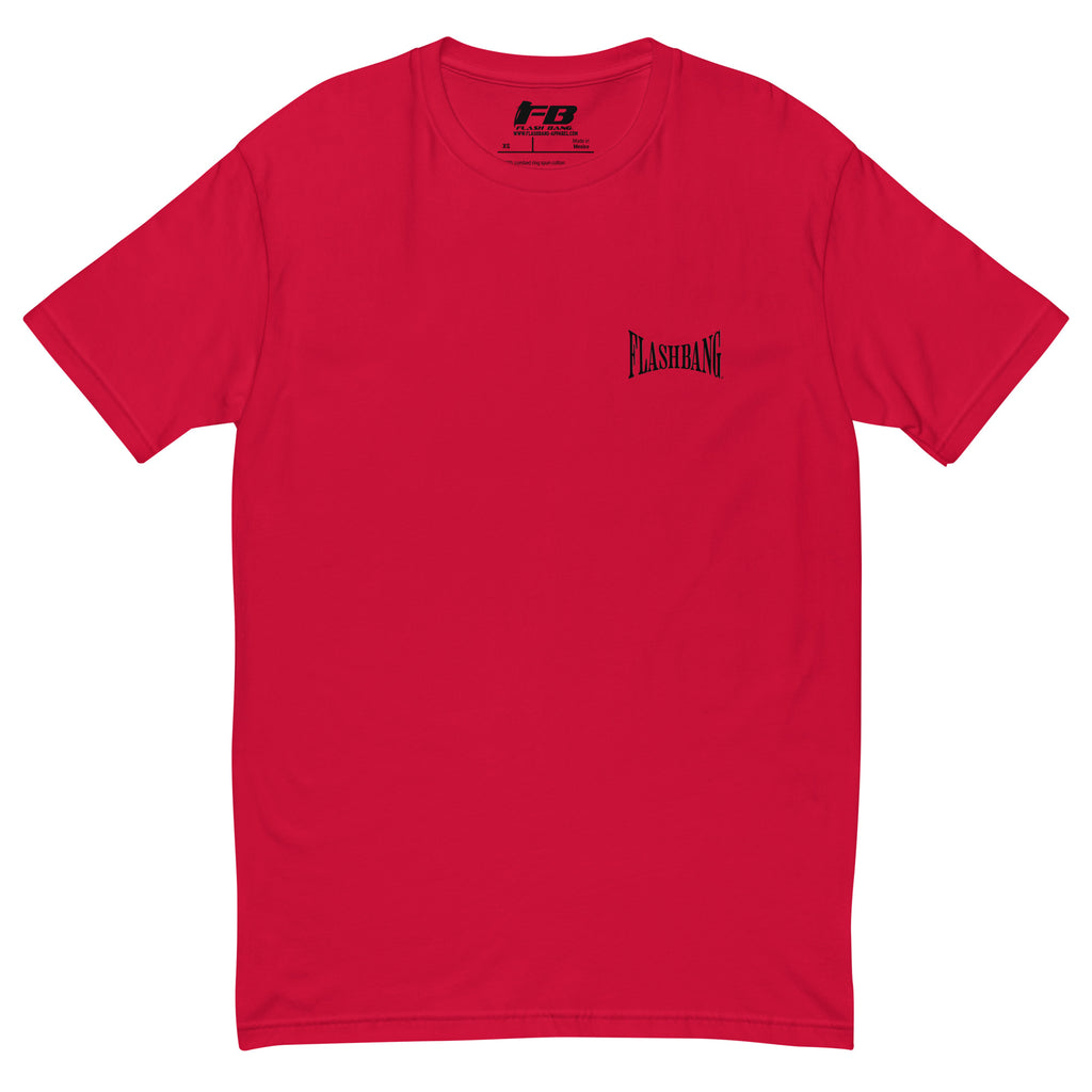 Train Hard Stay Ready Lite T-shirt featuring motivational shirt graphic design with train hard quotes - Front View - Red with Flashbang Text