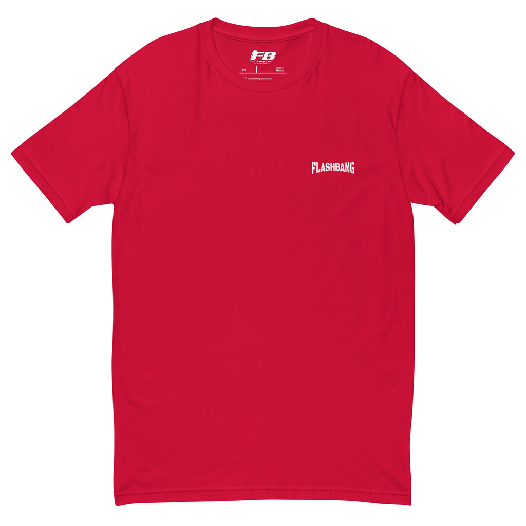 Red t-shirt with 'Flashbang' logo on a white background