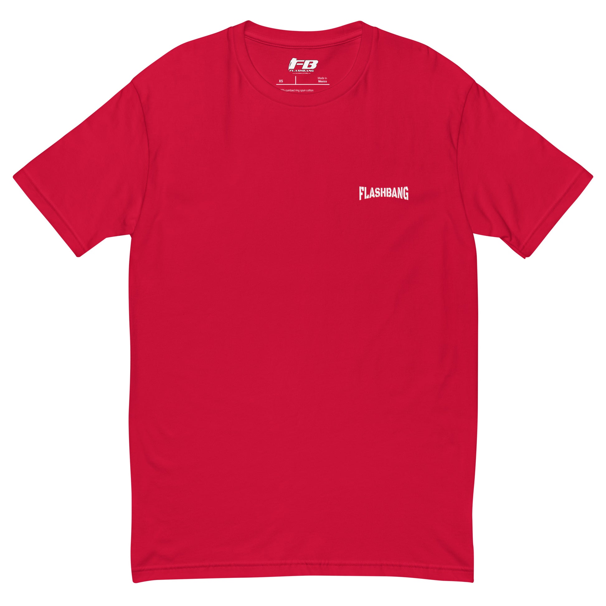 Red t-shirt with 'Flashbang' logo on a white background
