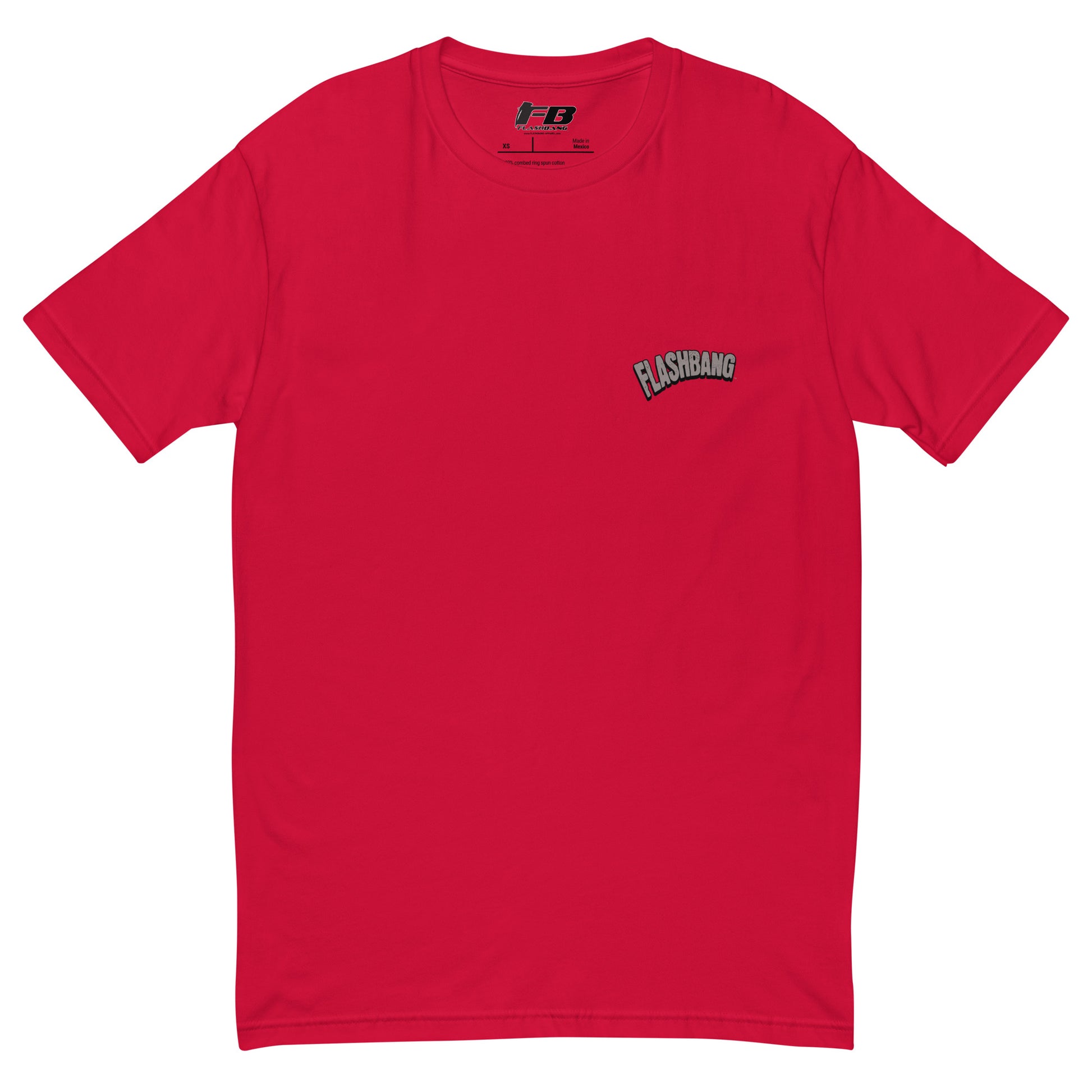 Caveman Way Lite T-shirt with Cave Man Way of Solving Things text - Front View - Red with Flashbang Text