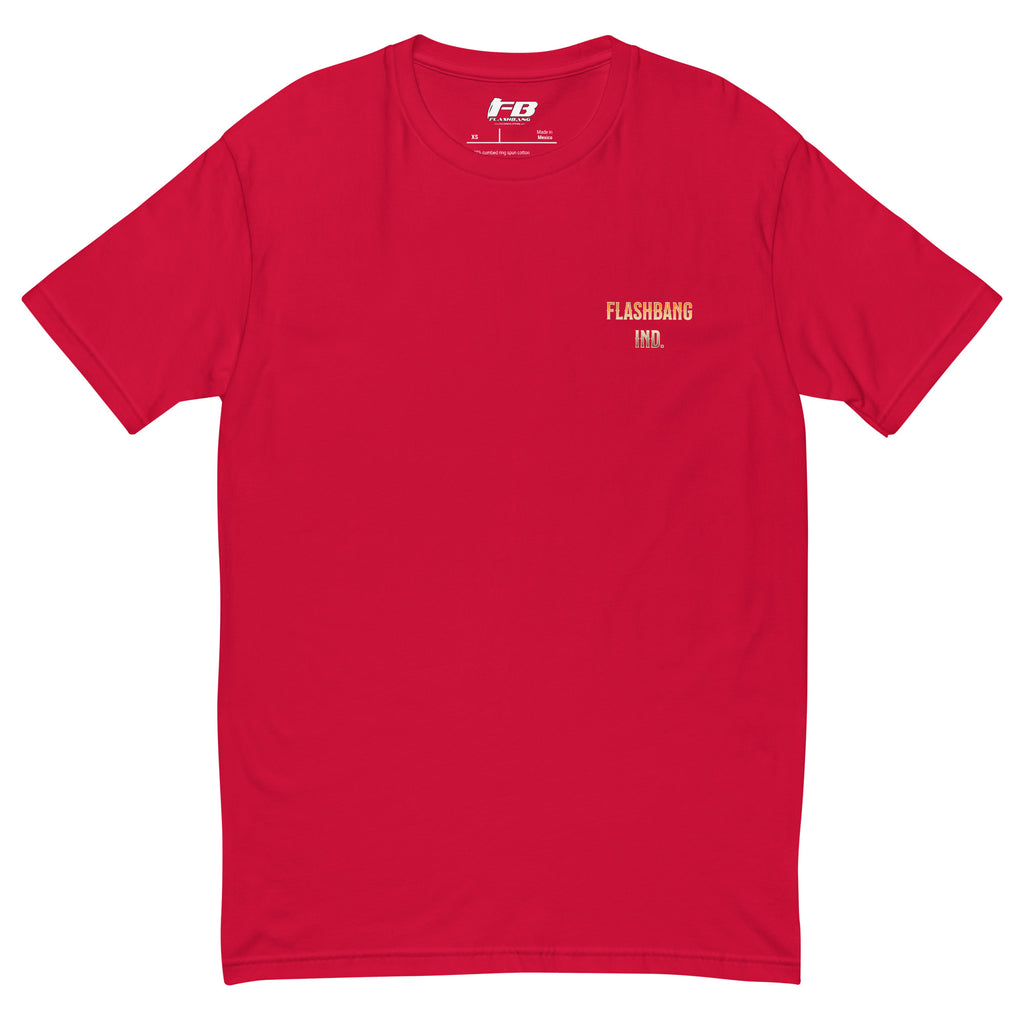 Blessed Are The Peacemakers T-shirt featuring a cowboy graphic, honoring peacekeepers with a bold western design for men - Front View - Red with Flashbang Text