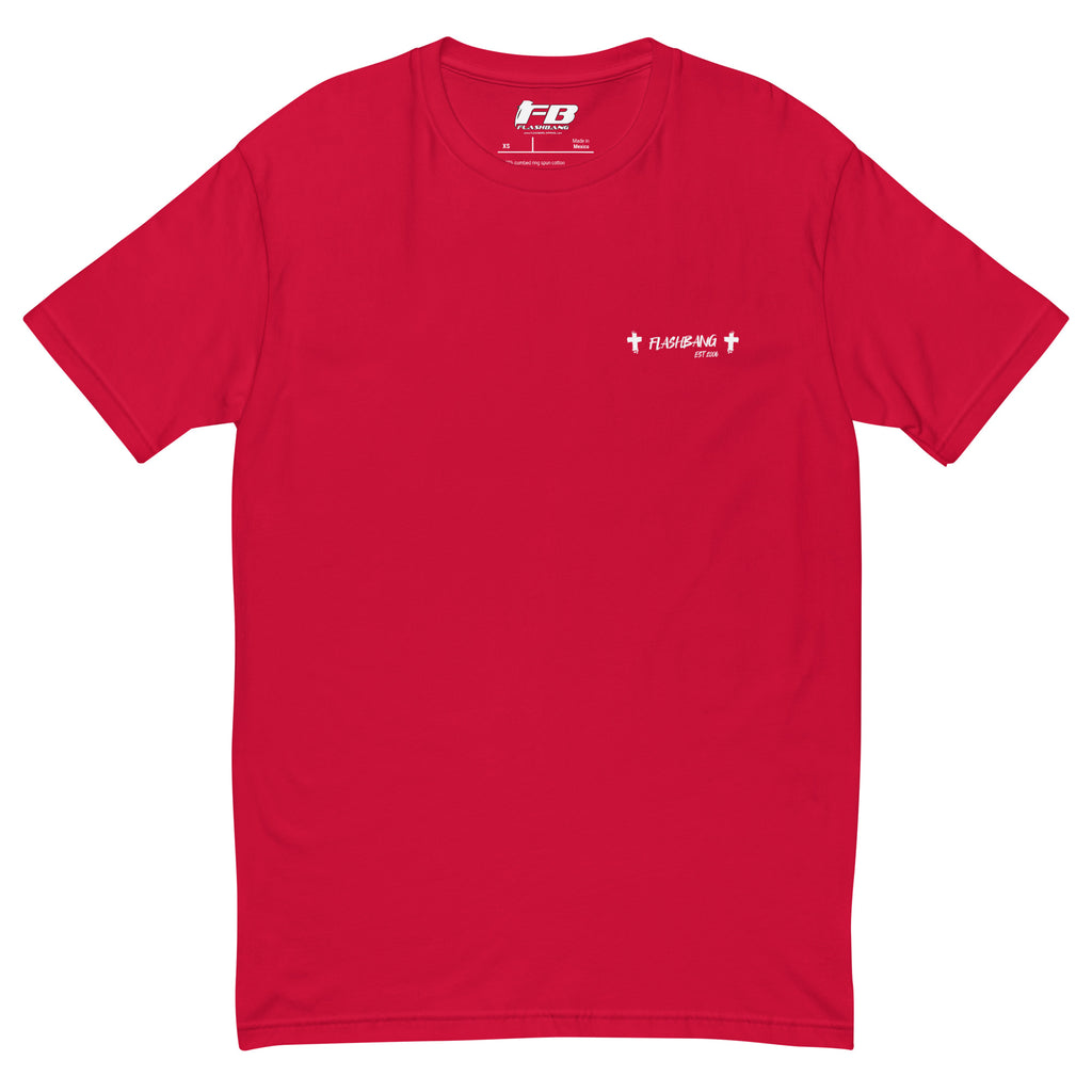 Red t-shirt with a small white logo on a white background
