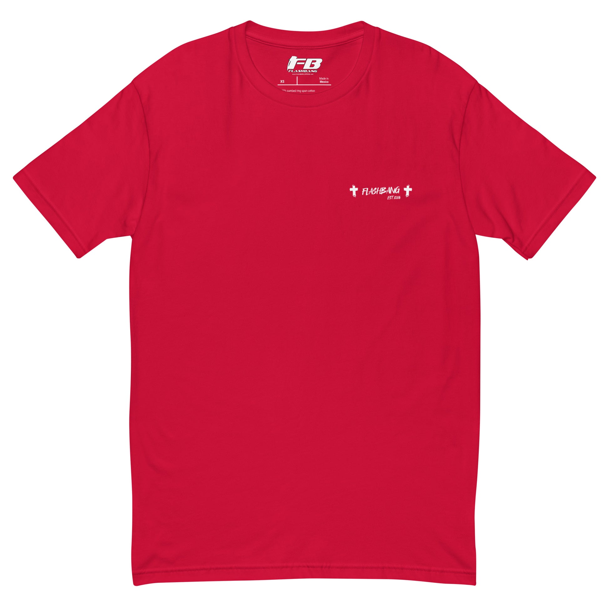 Red t-shirt with a small white logo on a white background